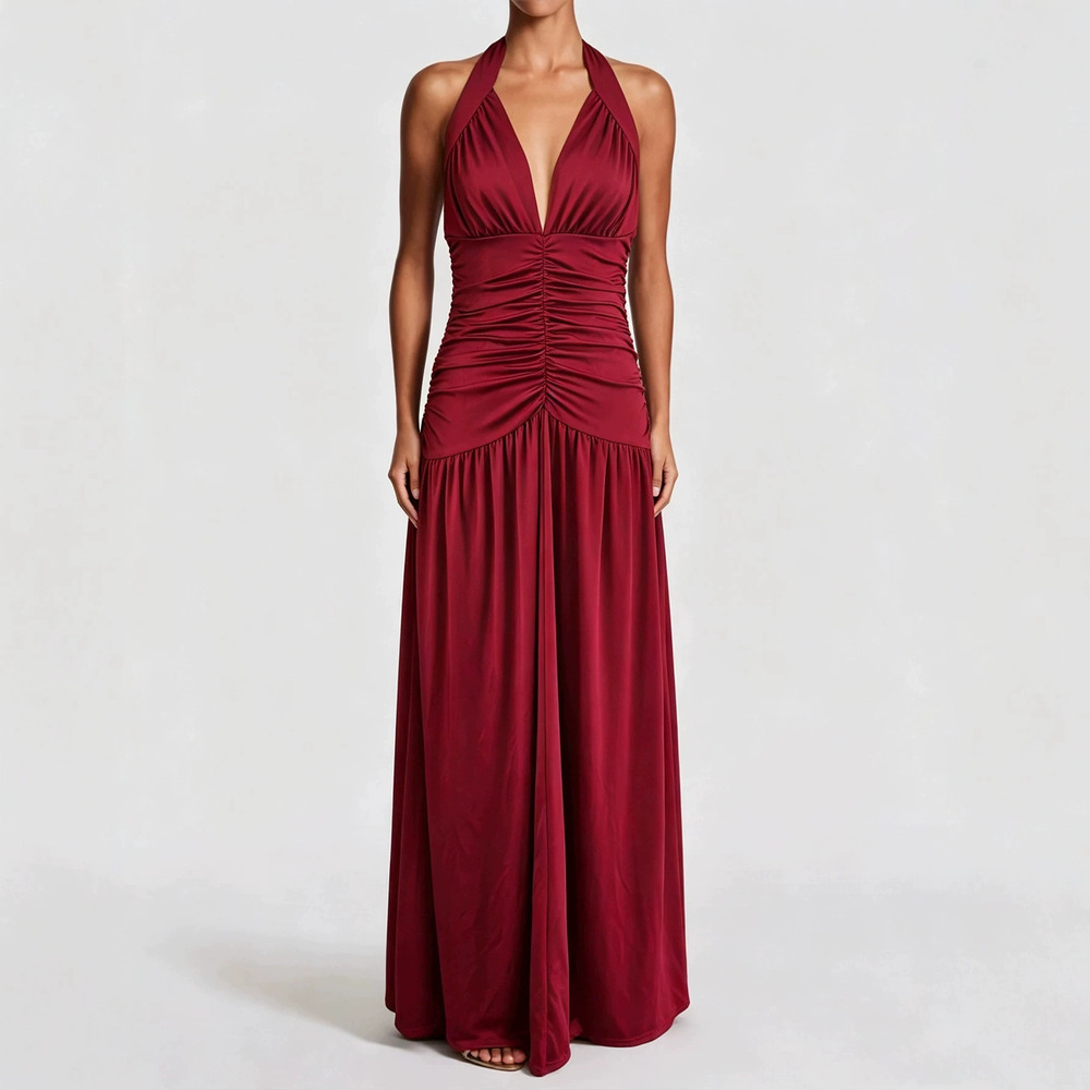 H&M Halter Deep V Waist Maxi Dress Ruched Flared Draped Slimming Party